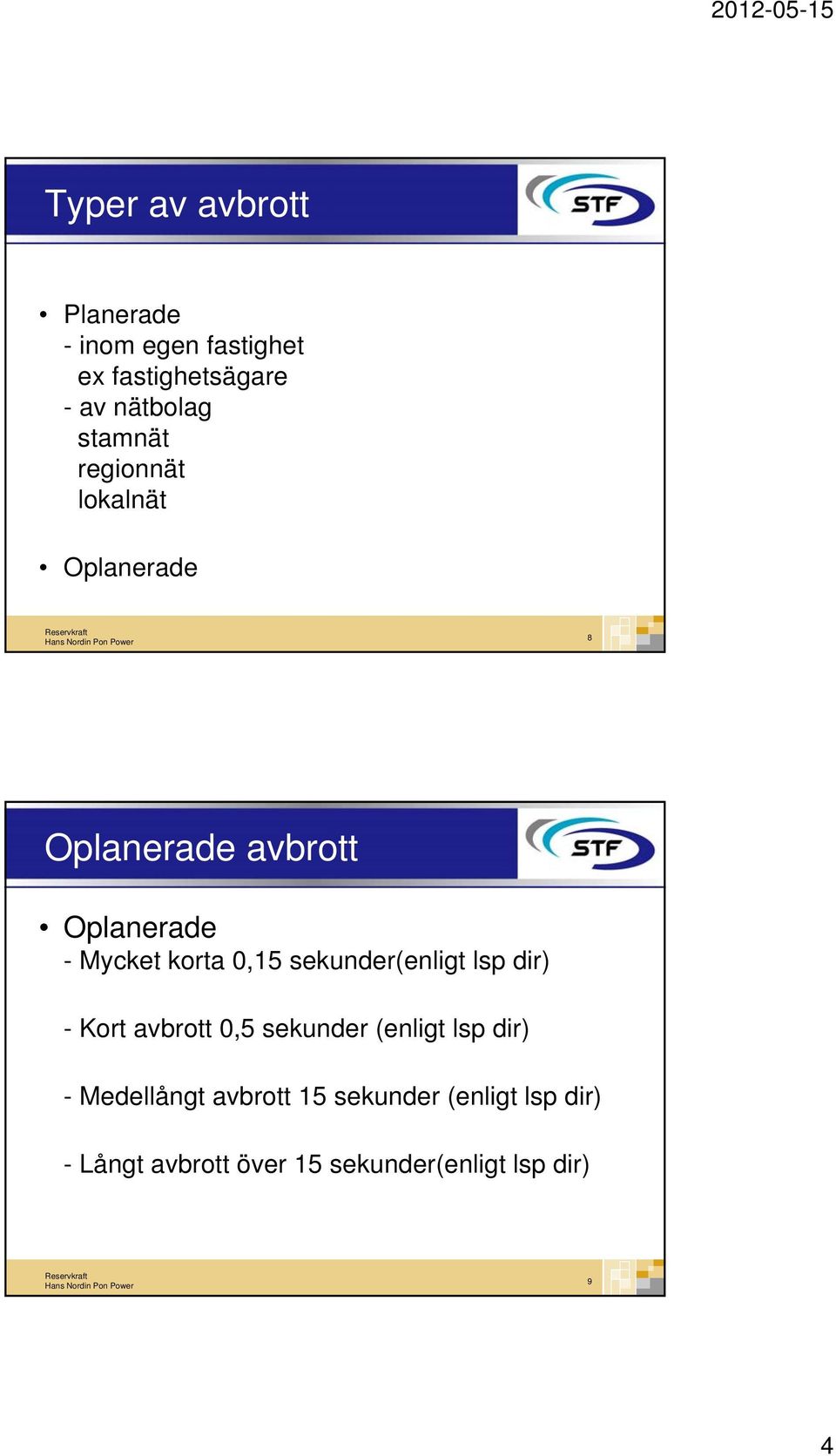 0,15 sekunder(enligt lsp dir) - Kort avbrott 0,5 sekunder (enligt lsp dir) -