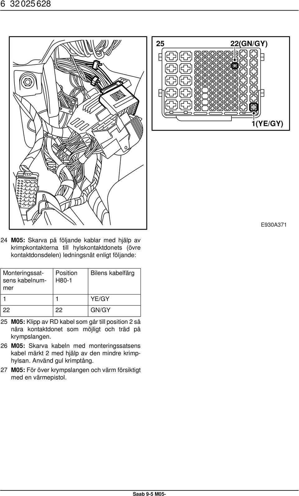 Klipp av RD kabel som går till position 2 så nära kontaktdonet som möjligt och träd på krympslangen.