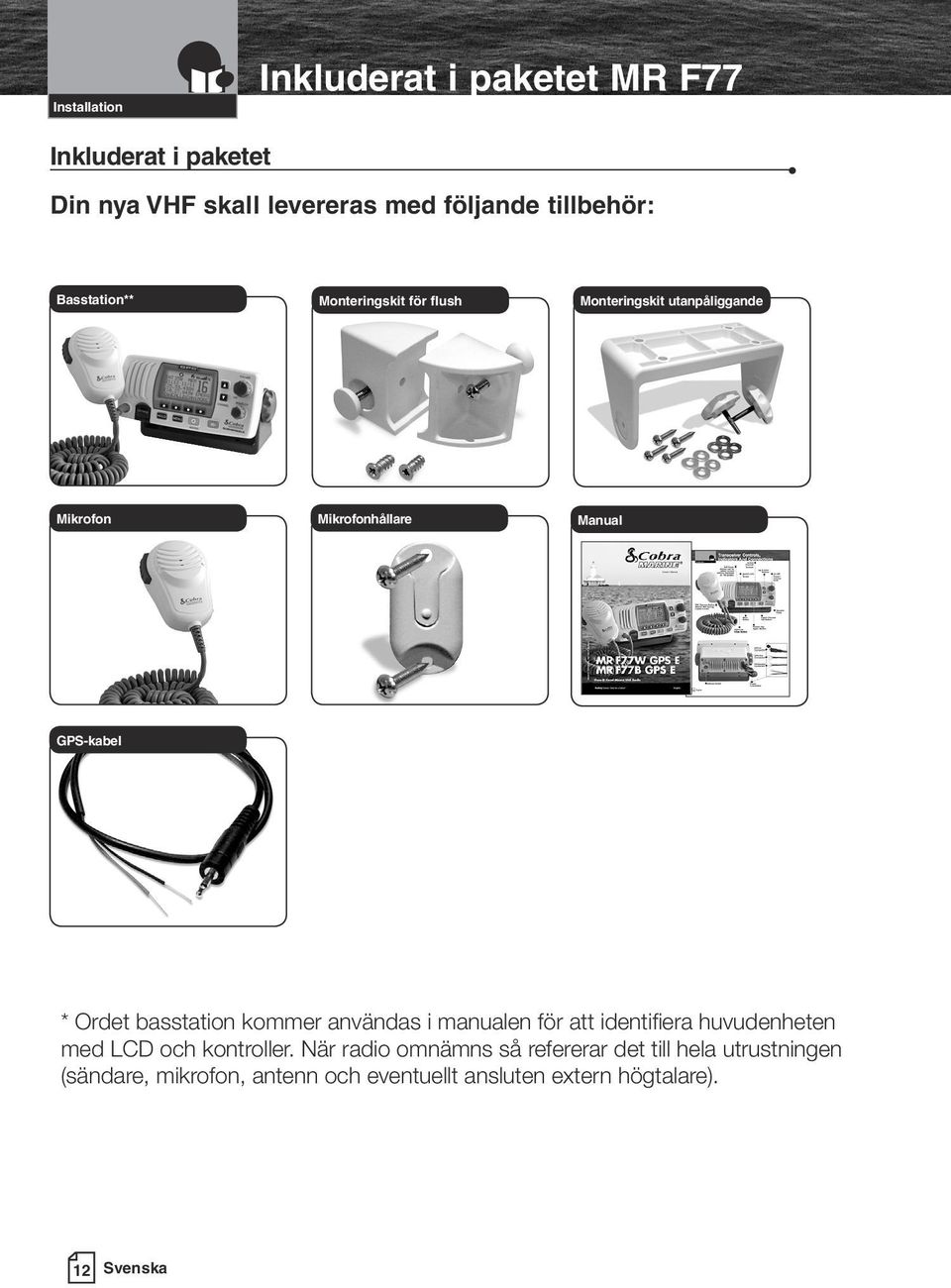 Caution Warning Mikrofon Mikrofonhållare Manual GPS-kabel * Ordet basstation kommer användas i manualen för att identifiera huvudenheten med LCD