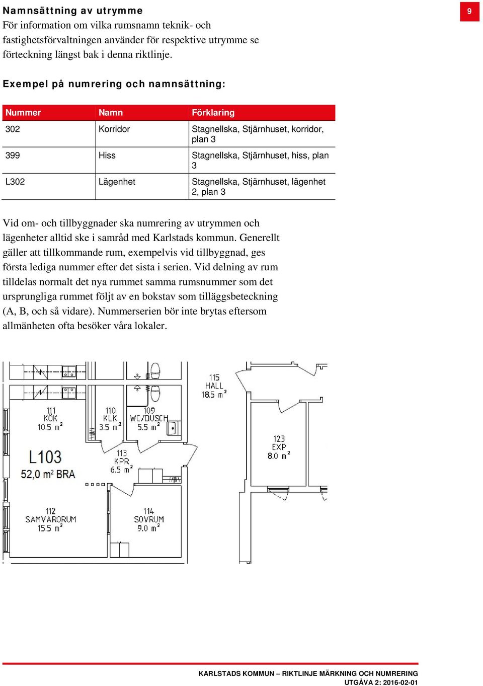 Stjärnhuset, lägenhet 2, plan 3 Vid om- och tillbyggnader ska numrering av utrymmen och lägenheter alltid ske i samråd med Karlstads kommun.