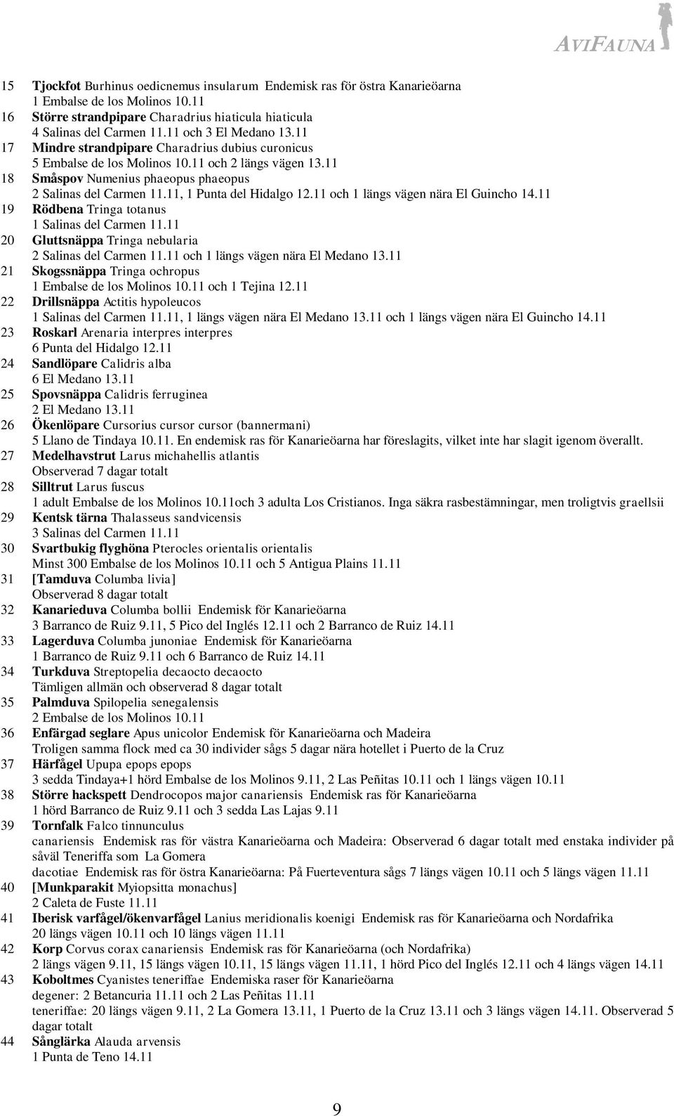 11, 1 Punta del Hidalgo 12.11 och 1 längs vägen nära El Guincho 14.11 19 Rödbena Tringa totanus 1 Salinas del Carmen 11.11 20 Gluttsnäppa Tringa nebularia 2 Salinas del Carmen 11.