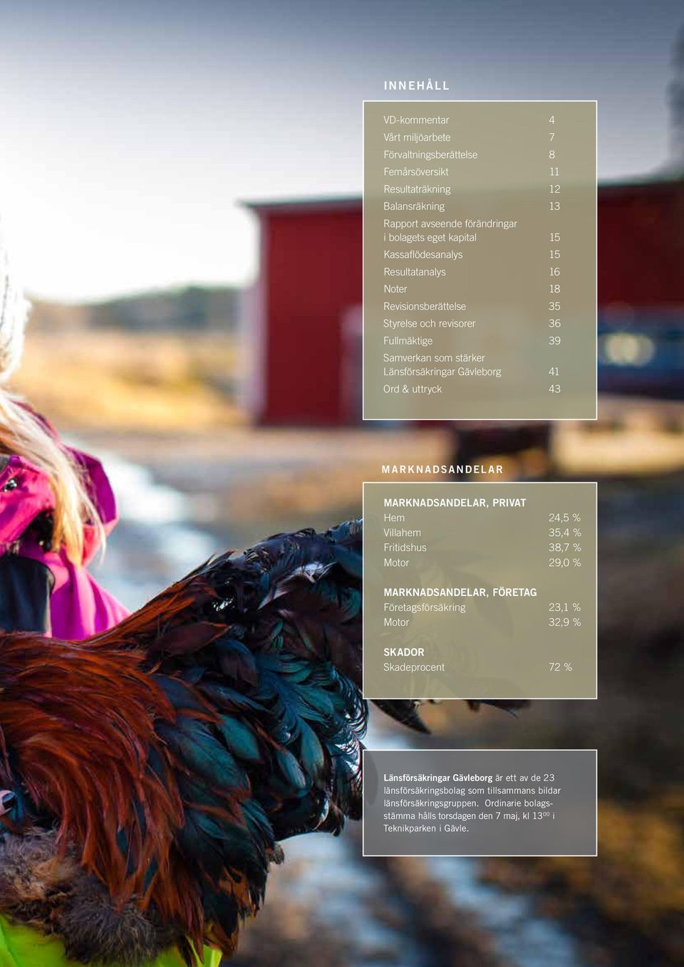 Marknadsandelar Marknadsandelar, Privat Hem 24,5 % Villahem 35,4 % Fritidshus 38,7 % Motor 29,0 % Marknadsandelar, företag Företagsförsäkring 23,1 % Motor 32,9 % Skador Skadeprocent 72