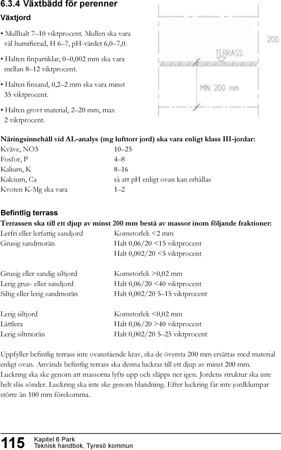 Näringsinnehåll vid AL-analys (mg lufttorr jord) ska vara enligt klass III-jordar: Kväve, NO3 10 25 Fosfor, P 4 8 Kalium, K 8 16 Kalcium, Ca så att ph enligt ovan kan erhållas Kvoten K-Mg ska vara 1