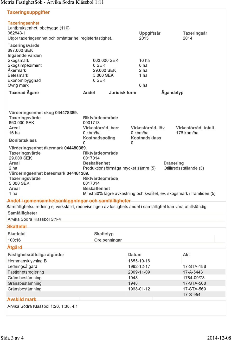 SEK 1 ha Ekonomibyggnad SEK Övrig mark ha Taxerad Ägare Andel Juridisk form Ägandetyp Värderingsenhet skog 44478389. Taxeringsvärde Riktvärdeområde 663.