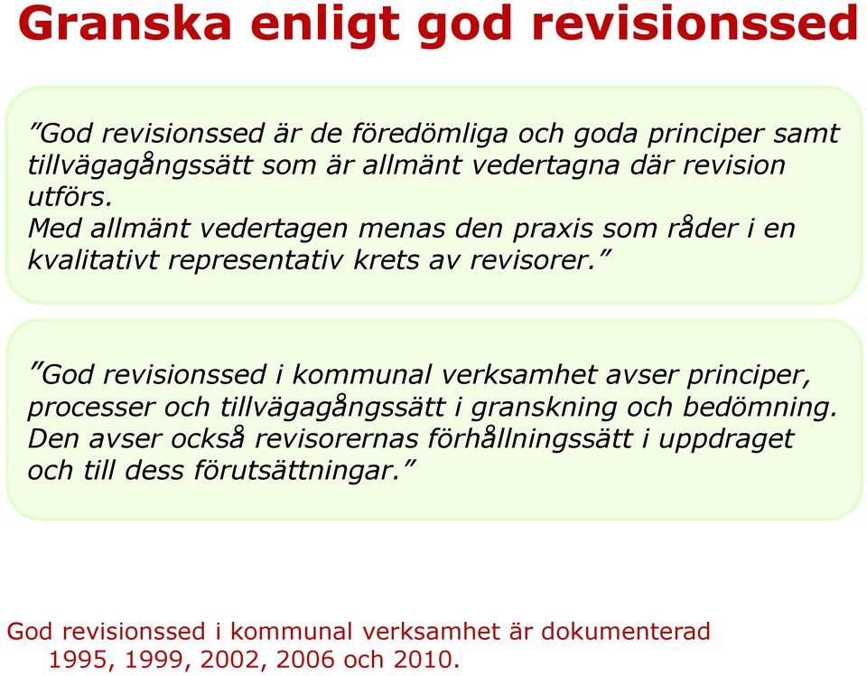 God revisionssed i kommunal verksamhet avser principer, processer och tillvägagångssätt i granskning och bedömning.