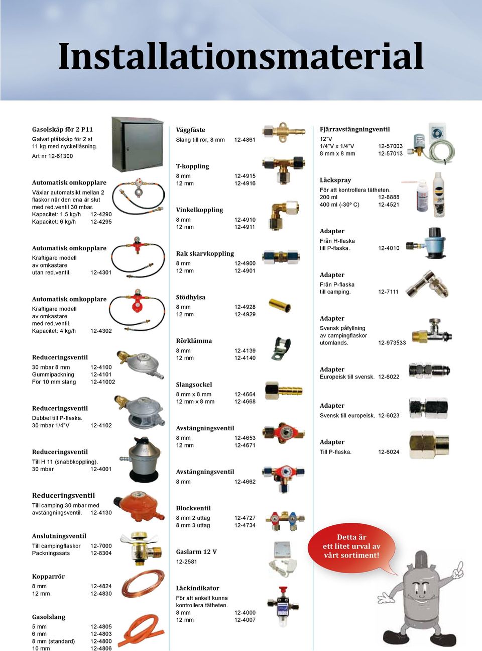 ventil. Kapacitet: 4 kg/h 12-4302 Reduceringsventil 30 mbar 8 mm 12-4100 Gummipackning 12-4101 För 10 mm slang 12-41002 Reduceringsventil Dubbel till P-flaska.