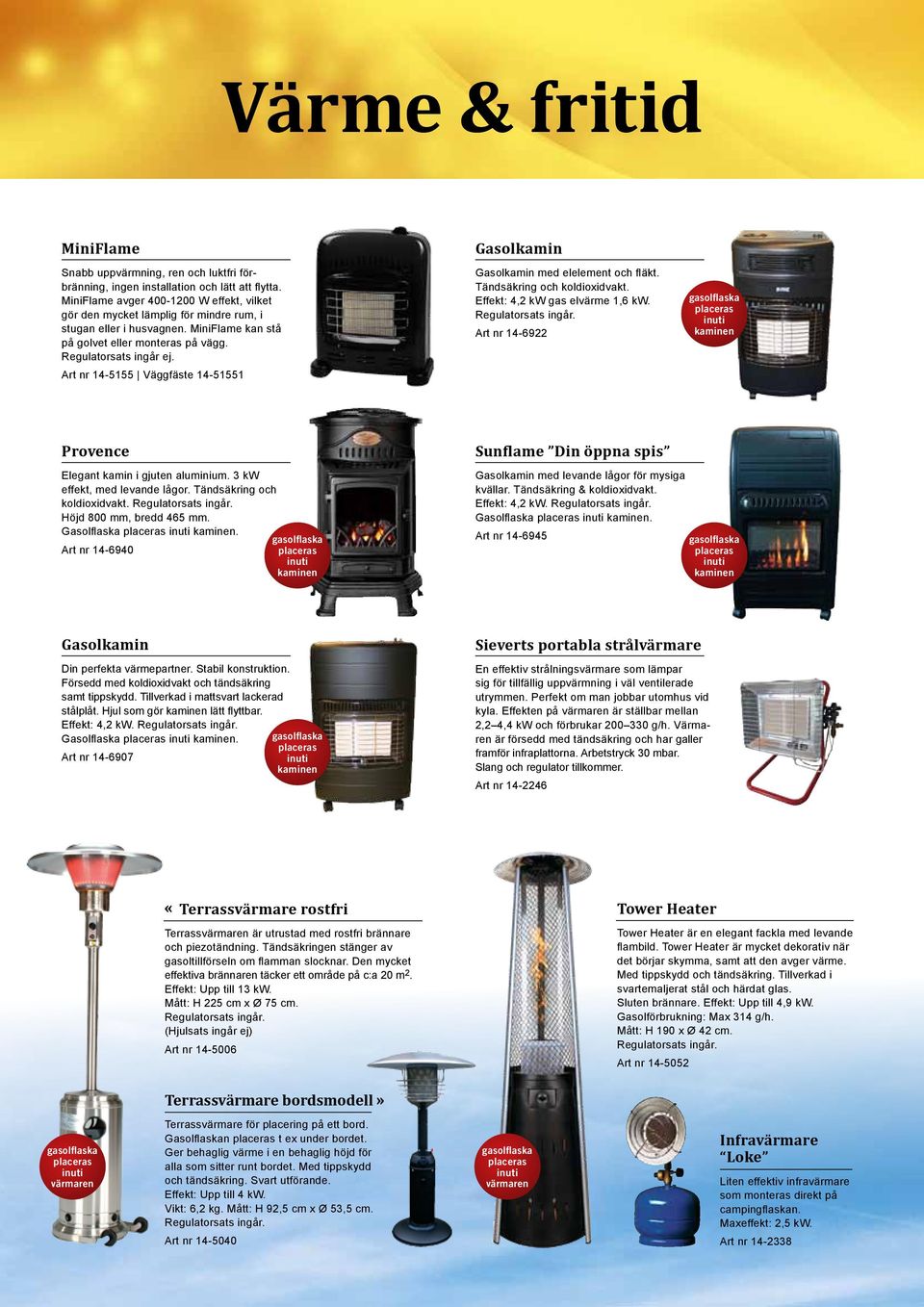 Art nr 14-5155 Väggfäste 14-51551 Gasolkamin Gasolkamin med elelement och fläkt. Tändsäkring och koldioxidvakt. Effekt: 4,2 kw gas elvärme 1,6 kw.