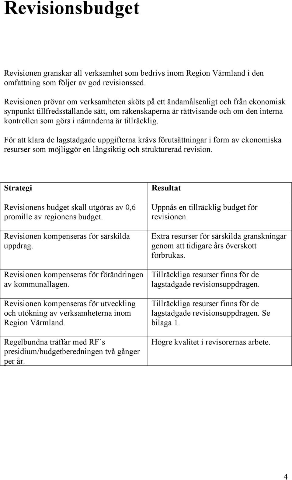 är tillräcklig. För att klara de lagstadgade uppgifterna krävs förutsättningar i form av ekonomiska resurser som möjliggör en långsiktig och strukturerad revision.