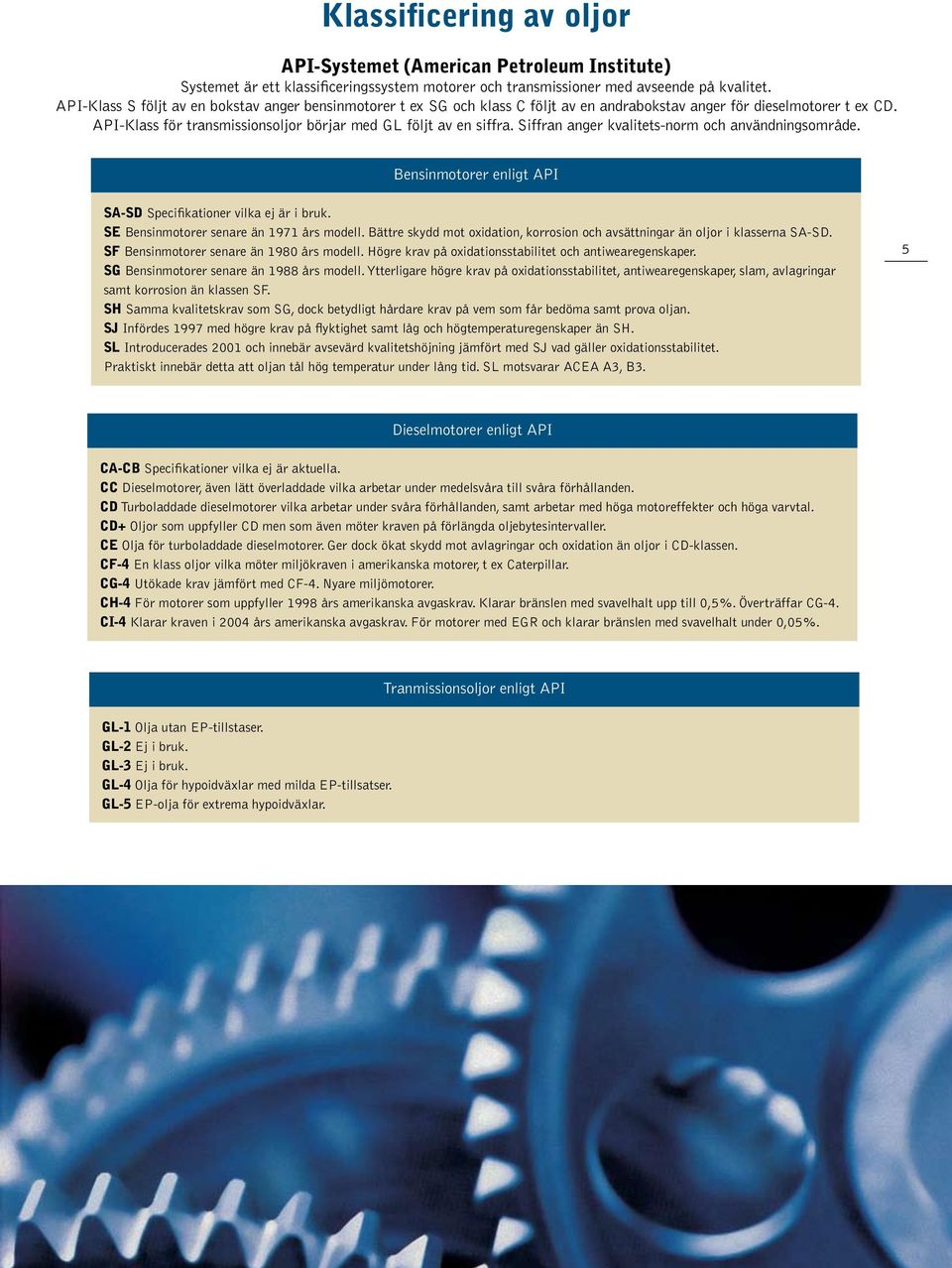 Siffran anger kvalitets-norm och användningsområde. Bensinmotorer enligt API SA-SD Specifikationer vilka ej är i bruk. SE Bensinmotorer senare än 1971 års modell.
