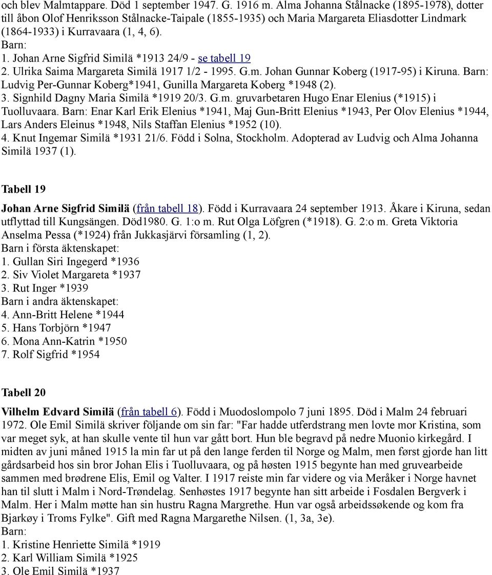 Johan Arne Sigfrid Similä *1913 24/9 - se tabell 19 2. Ulrika Saima Margareta Similä 1917 1/2-1995. G.m. Johan Gunnar Koberg (1917-95) i Kiruna.