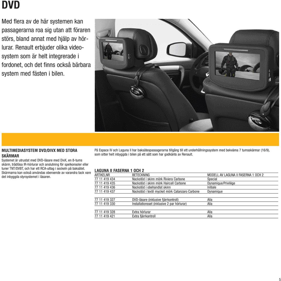 MULTIMEDIASYSTEM DVD/DIVX MED STORA SKÄRMAR Systemet är utrustat med DVD-läsare med DivX, en 8-tums skärm, trådlösa IR-hörlurar och anslutning för spelkonsoler eller tuner TNT/DVBT, och har ett
