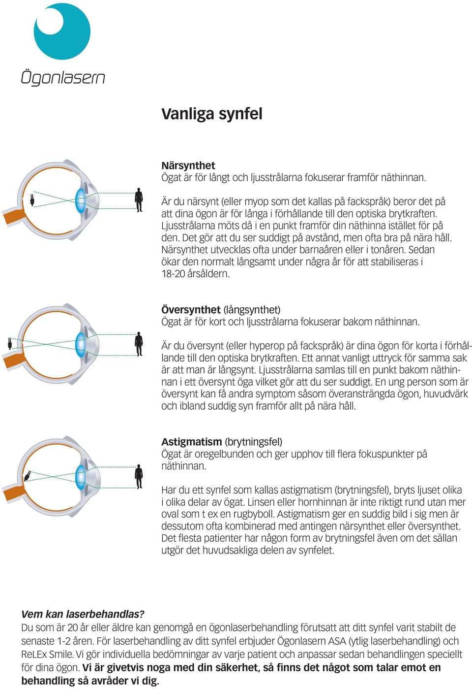 Ljusstrålarna möts då i en punkt framför din näthinna istället för på den. Det gör att du ser suddigt på avstånd, men ofta bra på nära håll. Närsynthet utvecklas ofta under barnaåren eller i tonåren.