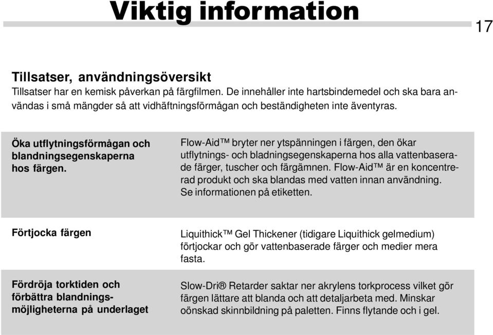 Flow-Aid bryter ner ytspänningen i färgen, den ökar utflytnings- och bladningsegenskaperna hos alla vattenbaserade färger, tuscher och färgämnen.