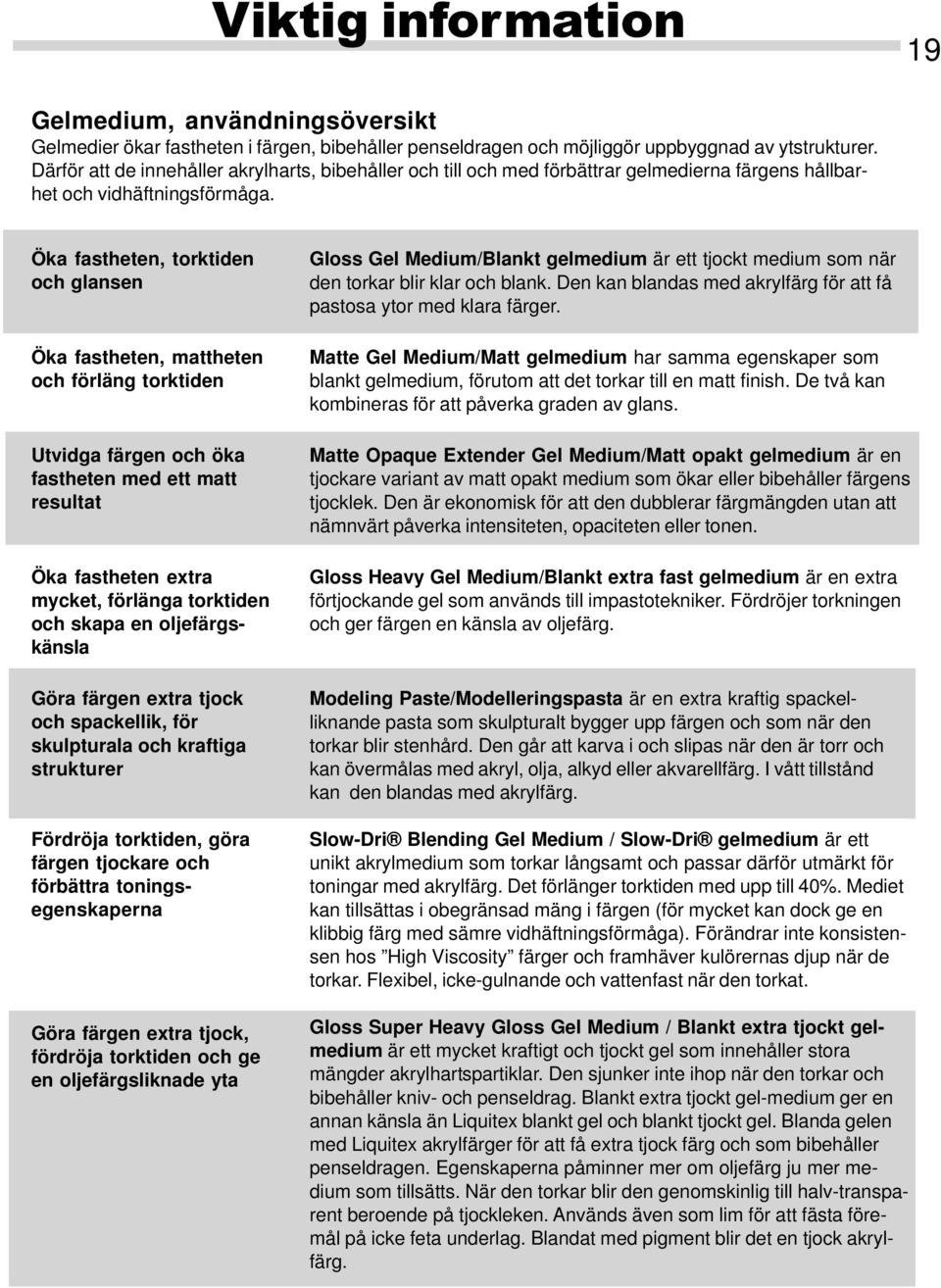 Öka fastheten, torktiden och glansen Öka fastheten, mattheten och förläng torktiden Utvidga färgen och öka fastheten med ett matt resultat Öka fastheten extra mycket, förlänga torktiden och skapa en
