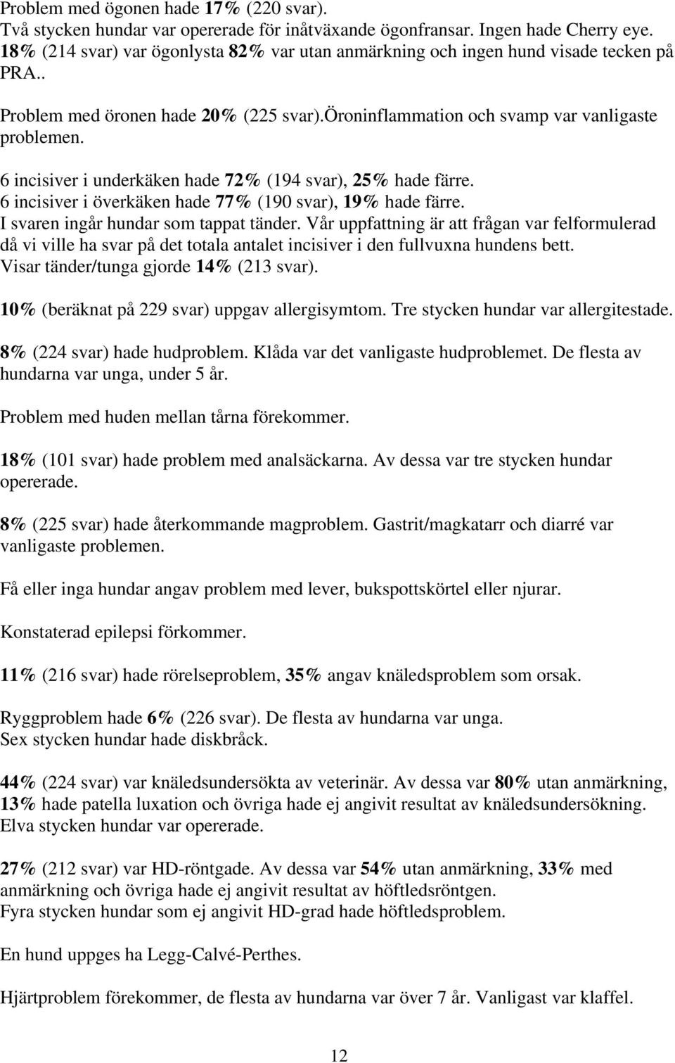 6 incisiver i underkäken hade 72% (194 svar), 25% hade färre. 6 incisiver i överkäken hade 77% (190 svar), 19% hade färre. I svaren ingår hundar som tappat tänder.