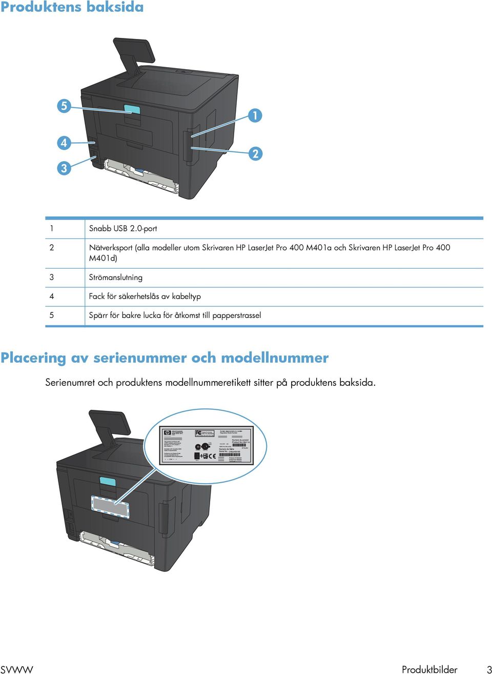 LaserJet Pro 400 M401d) 3 Strömanslutning 4 Fack för säkerhetslås av kabeltyp 5 Spärr för bakre