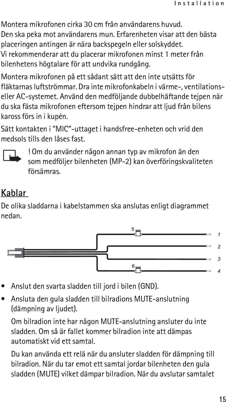 Dra inte mikrofonkabeln i värme-, ventilationseller AC-systemet.