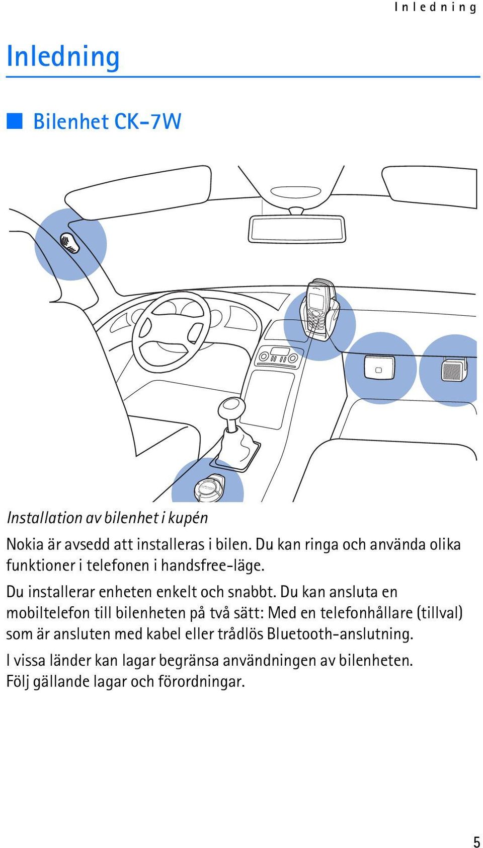 Du kan ansluta en mobiltelefon till bilenheten på två sätt: Med en telefonhållare (tillval) som är ansluten med kabel