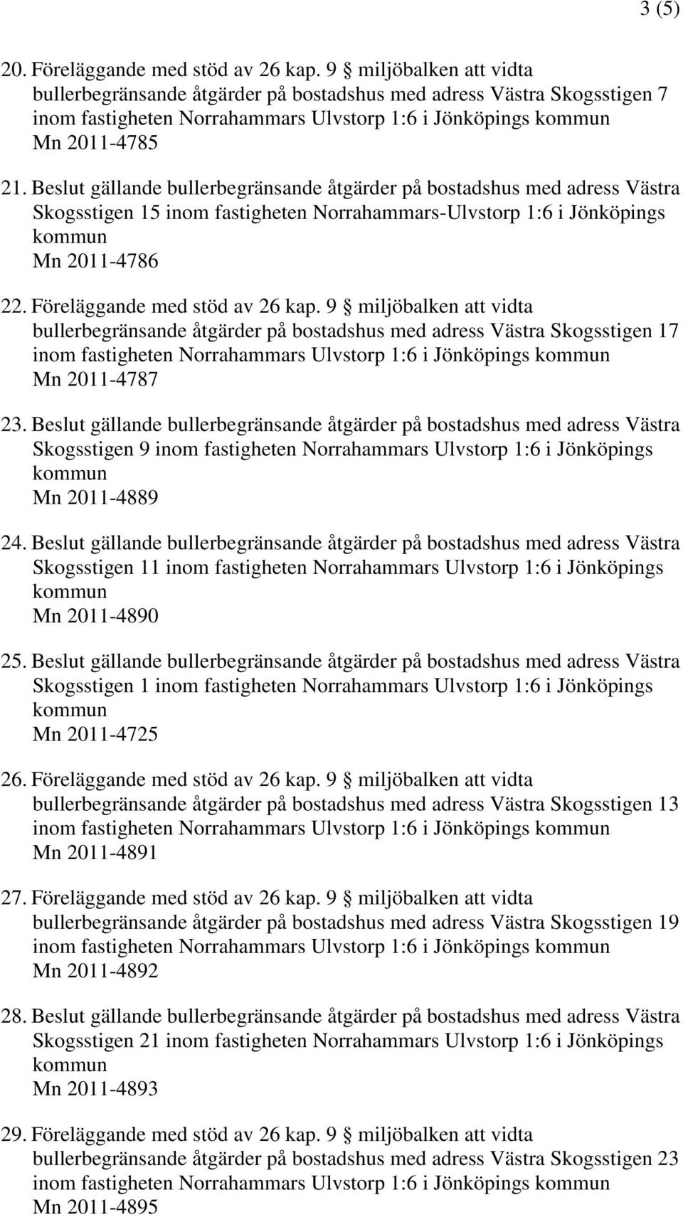 Beslut gällande bullerbegränsande åtgärder på bostadshus med adress Västra Skogsstigen 15 inom fastigheten Norrahammars-Ulvstorp 1:6 i Jönköpings kommun Mn 2011-4786 22.