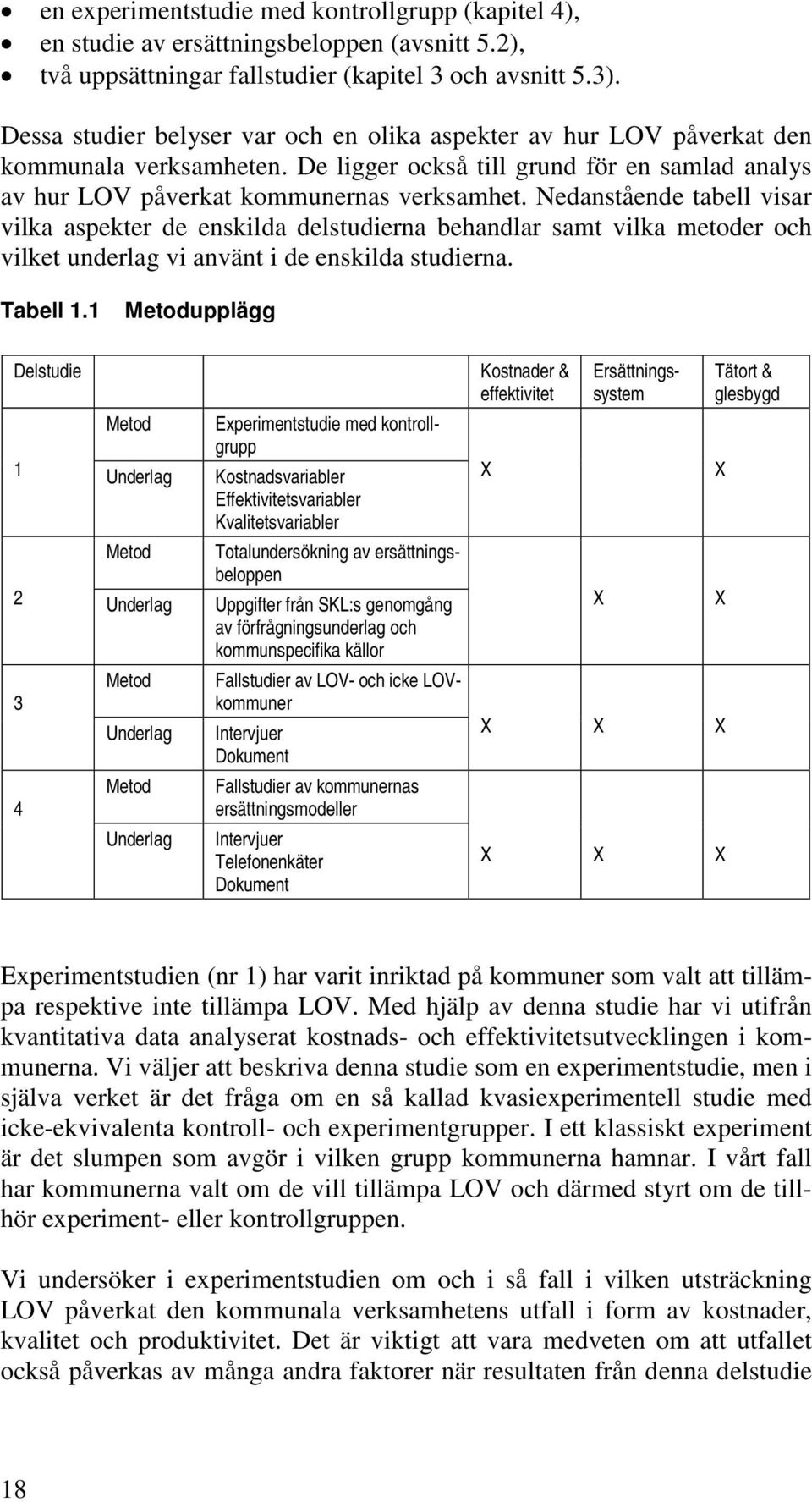 Nedanstående tabell visar vilka aspekter de enskilda delstudierna behandlar samt vilka metoder och vilket underlag vi använt i de enskilda studierna. Tabell 1.