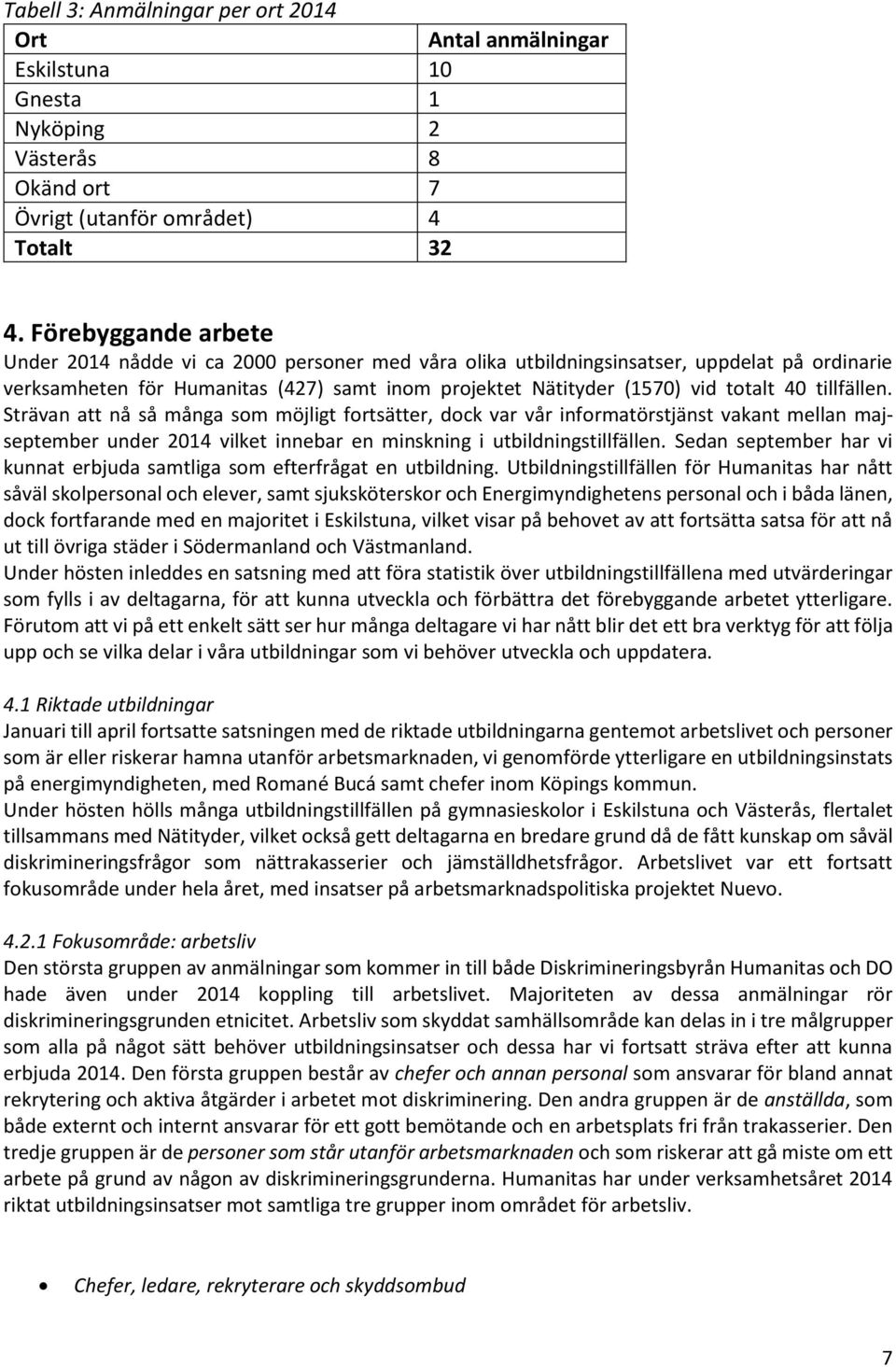 tillfällen. Strävan att nå så många som möjligt fortsätter, dock var vår informatörstjänst vakant mellan majseptember under 2014 vilket innebar en minskning i utbildningstillfällen.