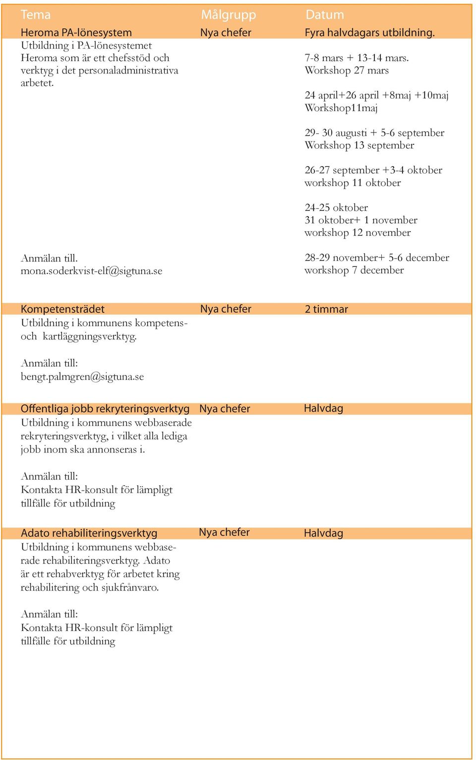 24 april+26 april +8maj +10maj Workshop11maj 29-30 augusti + 5-6 september Workshop 13 september 26-27 september +3-4 oktober workshop 11 oktober 24-25 oktober 31 oktober+ 1 november workshop 12