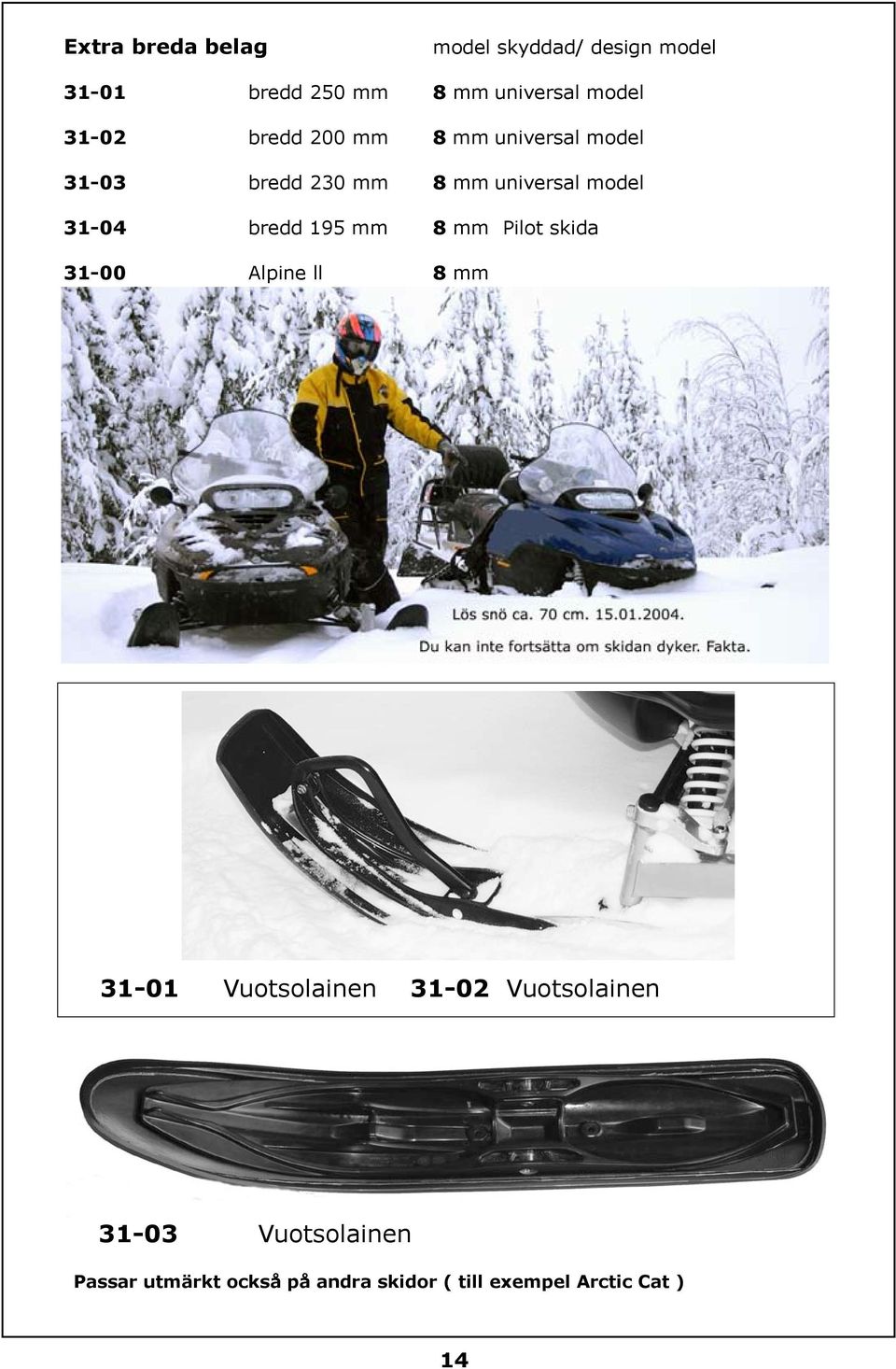 bredd 195 mm 8 mm Pilot skida 31-00 Alpine ll 8 mm 31-01 Vuotsolainen 31-02