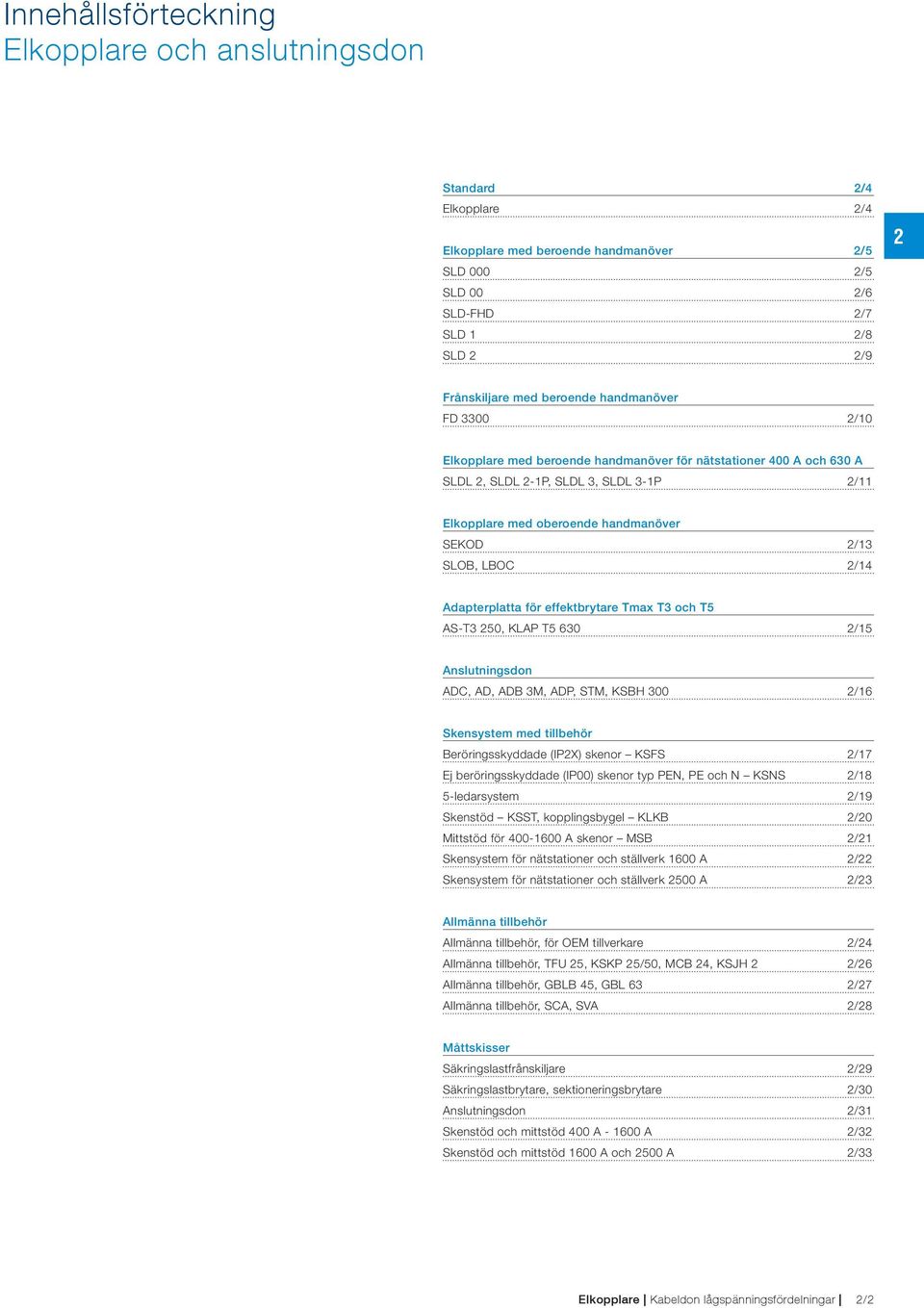 LBOC 2/14 Adapterplatta för effektbrytare Tmax T3 och T5 AS-T3 250, KLAP T5 630 2/15 Anslutningsdon ADC, AD, ADB 3M, ADP, STM, KSBH 300 2/16 Skensystem med tillbehör Beröringsskyddade (IP2X) skenor