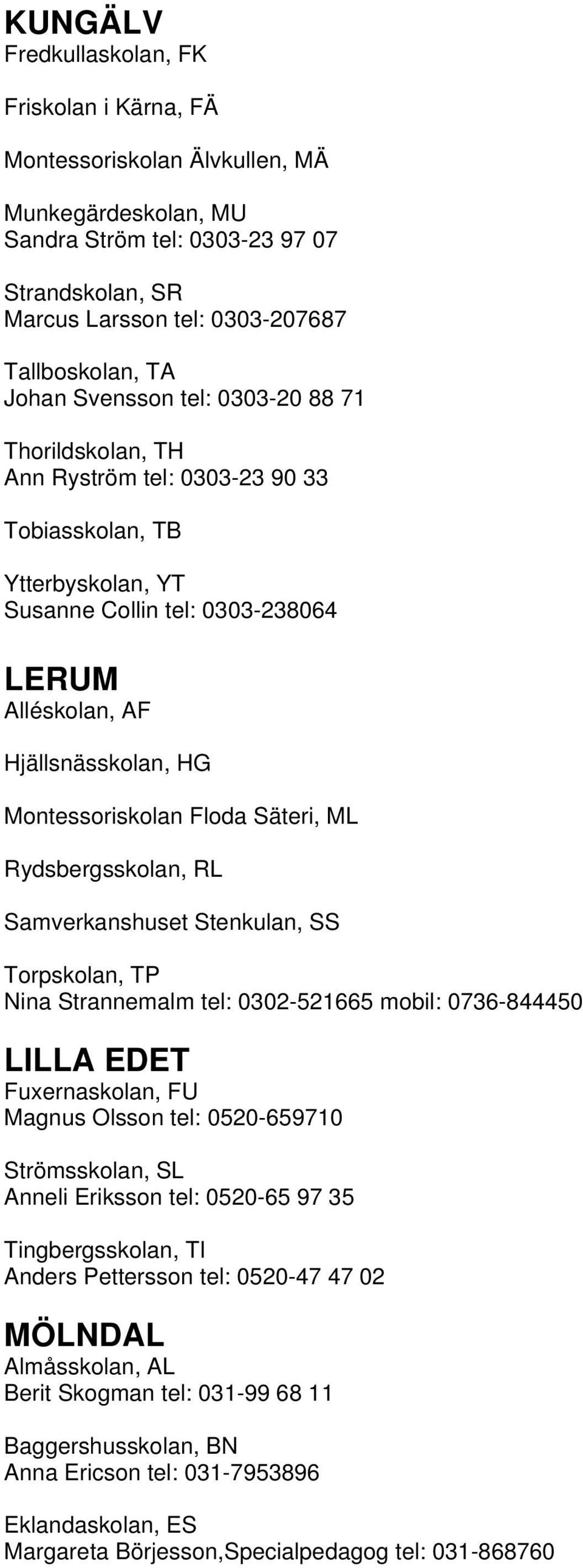 Montessoriskolan Floda Säteri, ML Rydsbergsskolan, RL Samverkanshuset Stenkulan, SS Torpskolan, TP Nina Strannemalm tel: 0302-521665 mobil: 0736-844450 LILLA EDET Fuxernaskolan, FU Magnus Olsson tel: