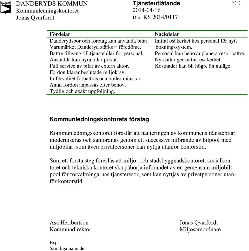 Nackdelar Initial osäkerhet hos personal för nytt bokningssystem. Personal kan behöva planera resor bättre. Nya bilar ger initial osäkerhet. Kostnader kan bli högre än nuläge.