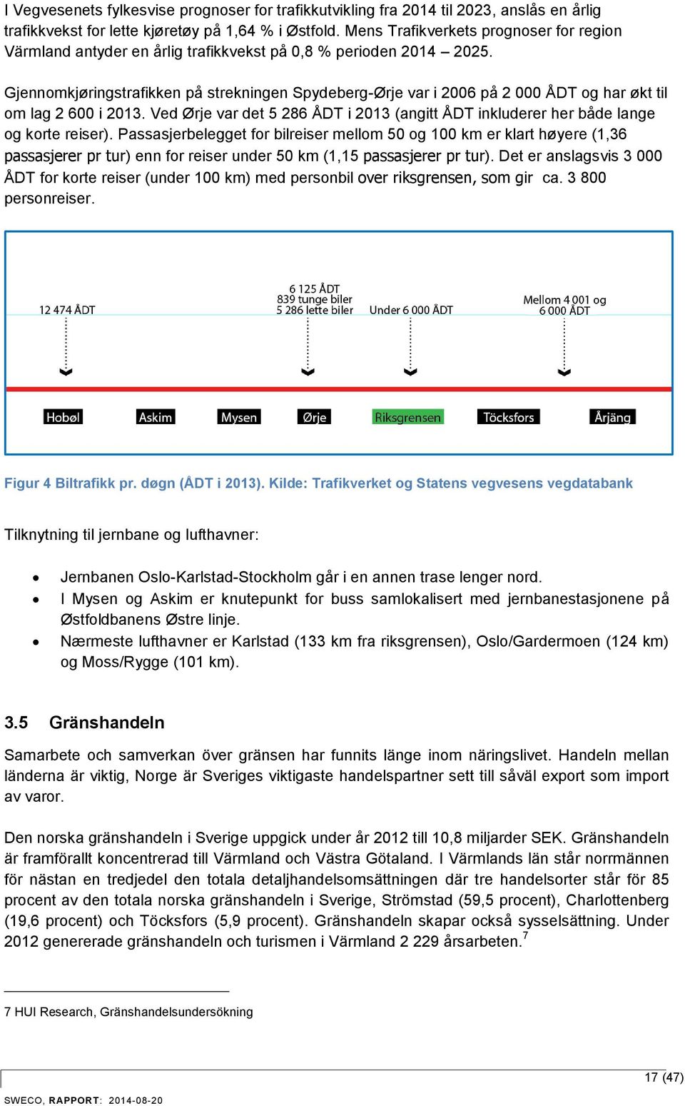 Gjennomkjøringstrafikken på strekningen Spydeberg-Ørje var i 2006 på 2 000 ÅDT og har økt til om lag 2 600 i 2013.
