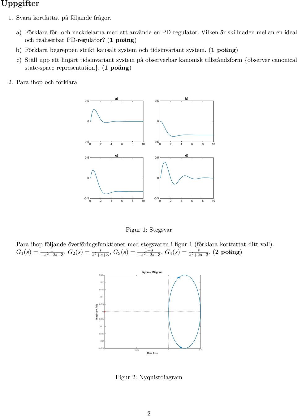 (1 poäng) c) Ställ upp ett linjärt tidsinvariant system på observerbar kanonisk tillståndsform {observer canonical state-space representation}. (1 poäng) 2. Para ihop och förklara!.5 a).5 b) -.