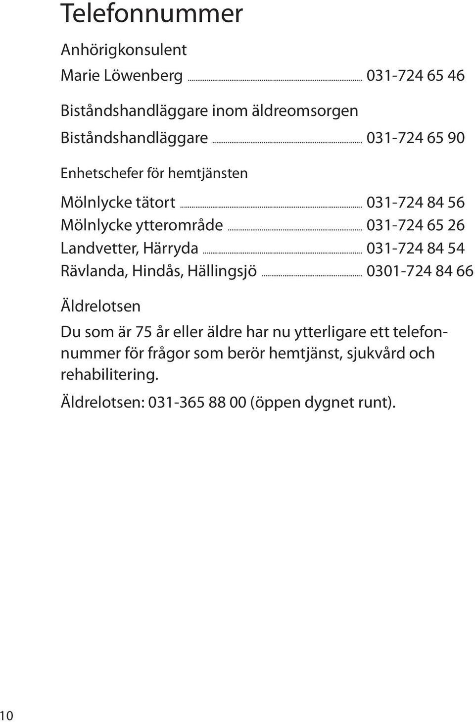 .. 031-724 65 26 Landvetter, Härryda... 031-724 84 54 Rävlanda, Hindås, Hällingsjö.