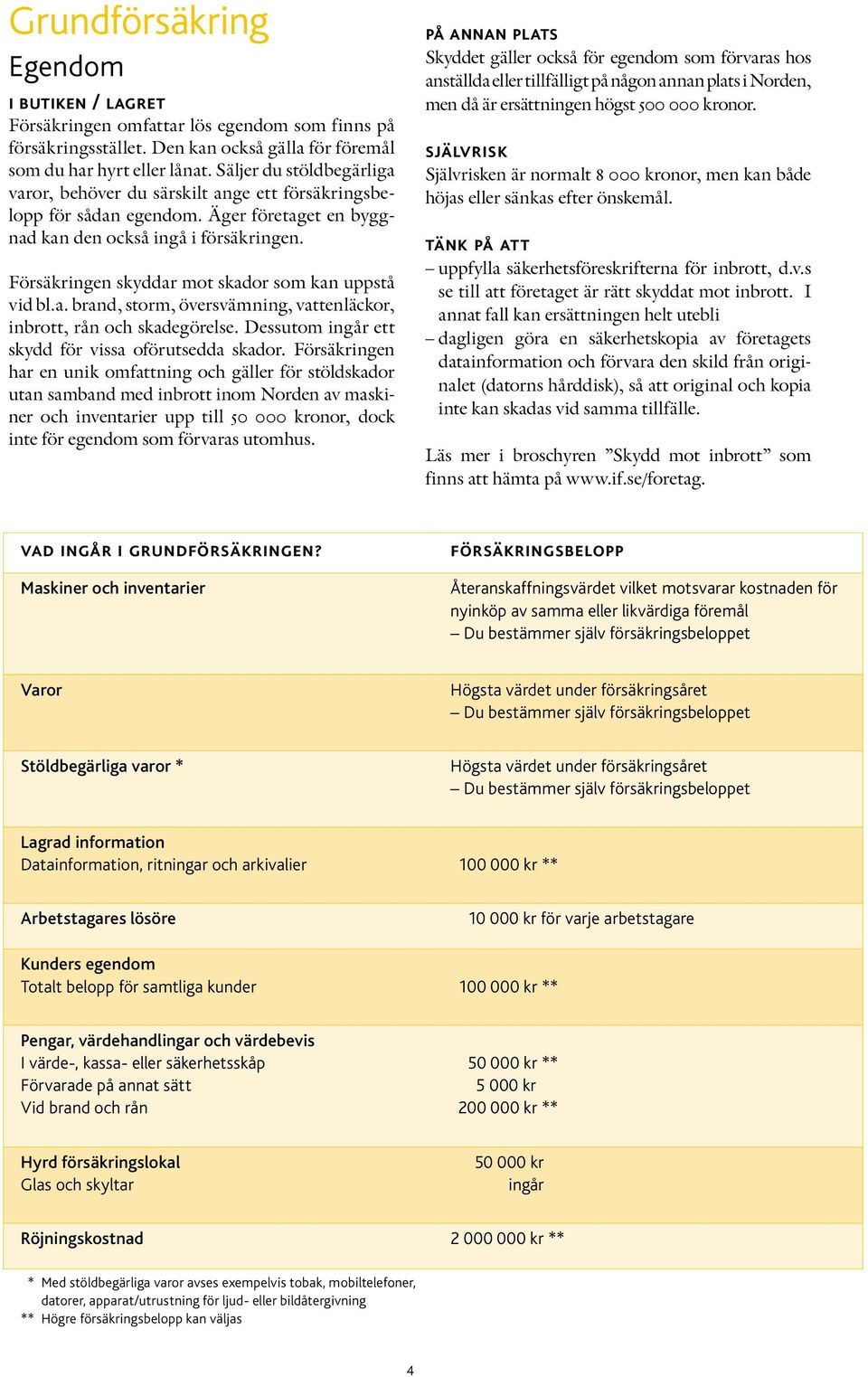 Försäkringen skyddar mot skador som kan uppstå vid bl.a. brand, storm, översvämning, vattenläckor, inbrott, rån och skade görelse. Dessutom ingår ett skydd för vissa oförutsedda skador.