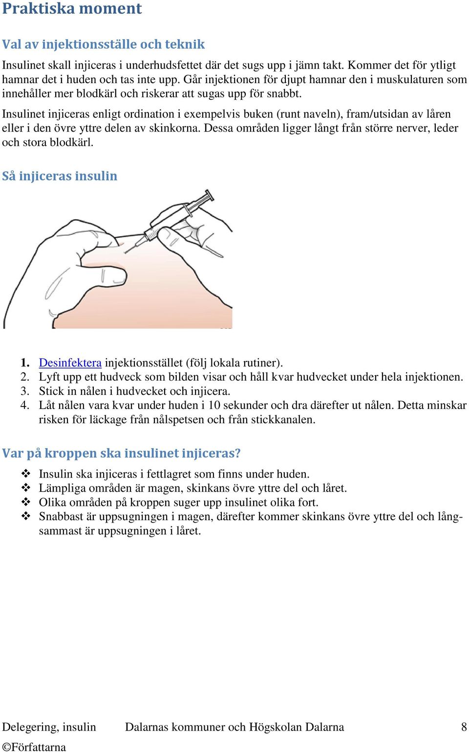 Insulinet injiceras enligt ordination i exempelvis buken (runt naveln), fram/utsidan av låren eller i den övre yttre delen av skinkorna.