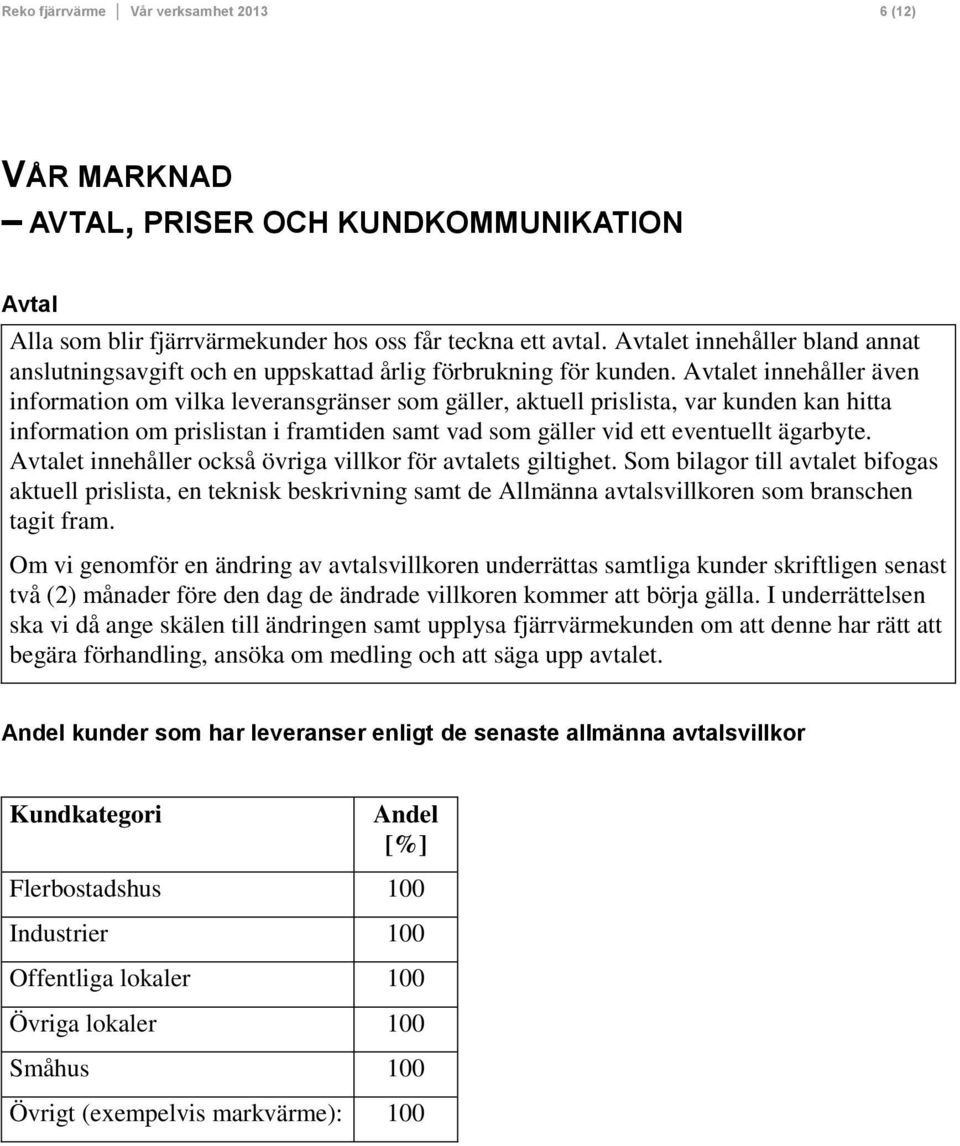 Avtalet innehåller även information om vilka leveransgränser som gäller, aktuell prislista, var kunden kan hitta information om prislistan i framtiden samt vad som gäller vid ett eventuellt ägarbyte.