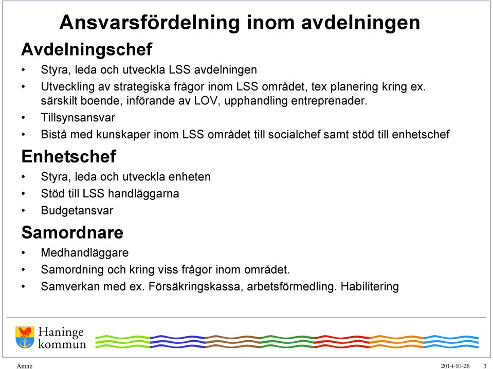 Tillsynsansvar Bistå med kunskaper inom LSS området till socialchef samt stöd till enhetschef Enhetschef Styra, leda och utveckla enheten