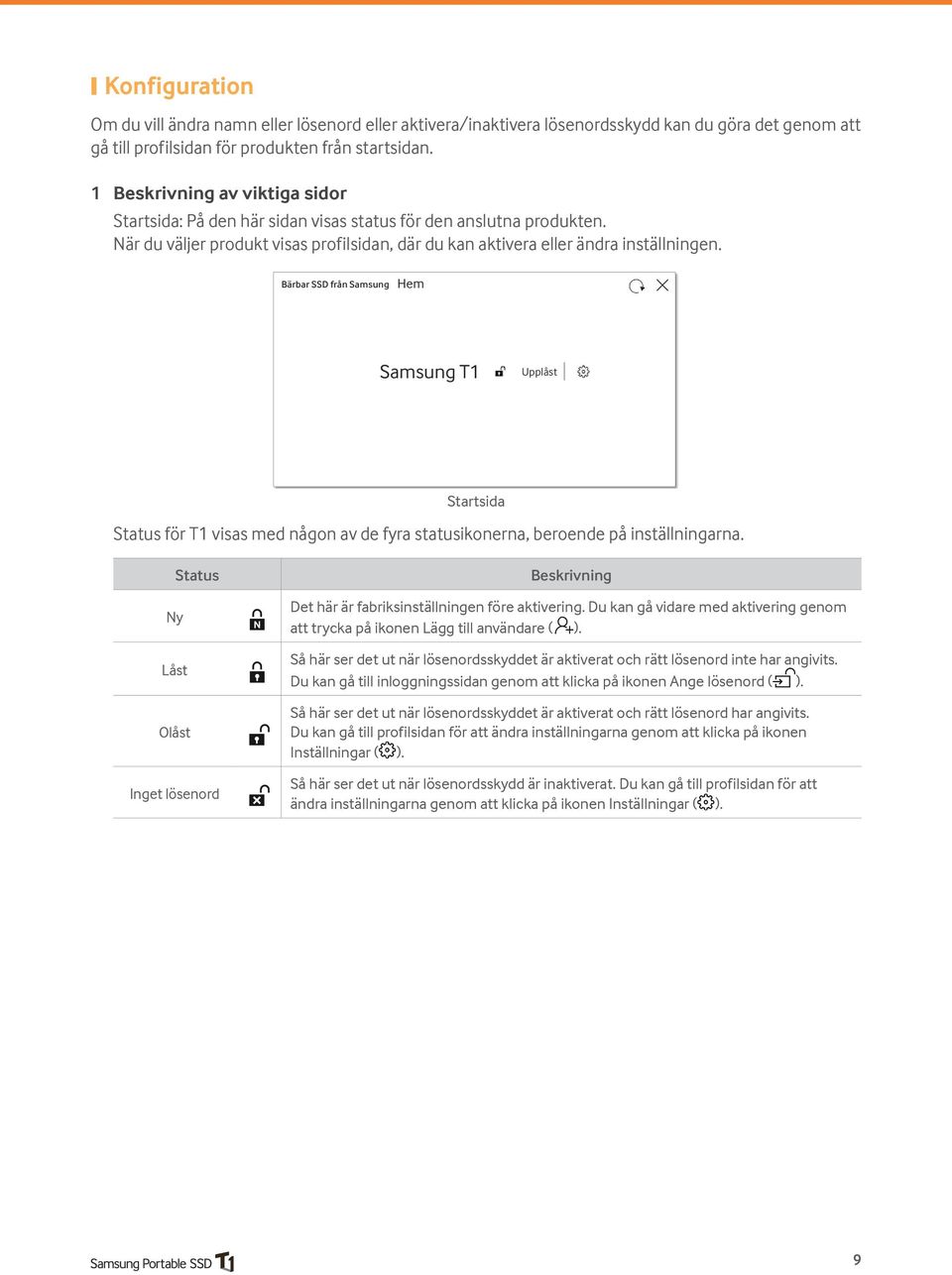 Bärbar SSD från Samsung Hem Samsung T1 Upplåst Startsida Status för T1 visas med någon av de fyra statusikonerna, beroende på inställningarna.