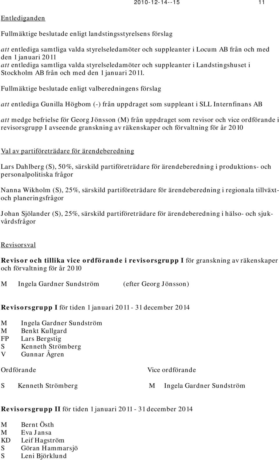 Fullmäktige beslutade enligt valberedningens förslag att entlediga Gunilla Högbom (-) från uppdraget som suppleant i SLL Internfinans AB att medge befrielse för Georg Jönsson (M) från uppdraget som