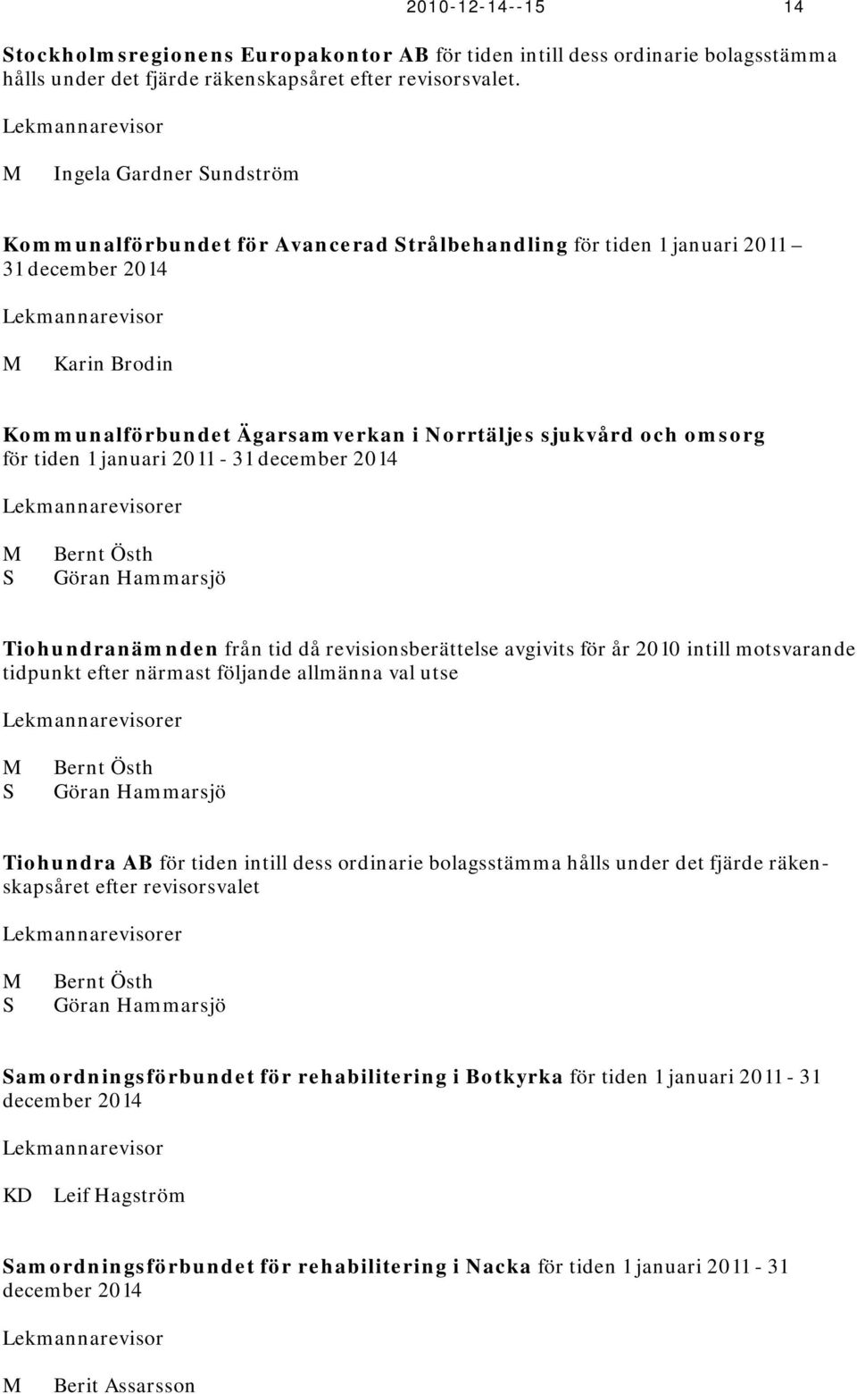 Norrtäljes sjukvård och omsorg för tiden 1 januari 2011-31 december 2014 Lekmannarevisorer M S Bernt Östh Göran Hammarsjö Tiohundranämnden från tid då revisionsberättelse avgivits för år 2010 intill