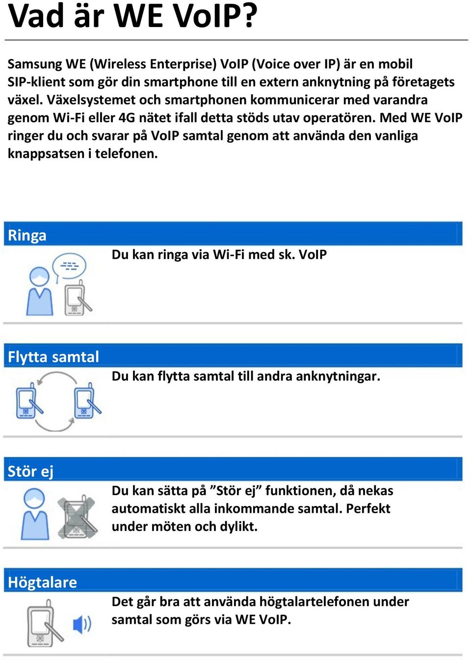 Med WE VoIP ringer du och svarar på VoIP samtal genom att använda den vanliga knappsatsen i telefonen. Ringa Du kan ringa via Wi-Fi med sk.