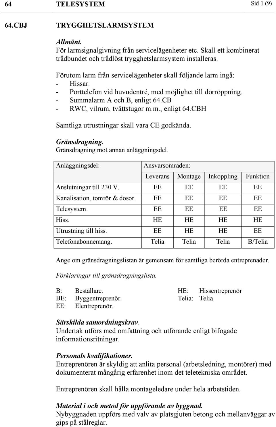 CB - RWC, vilrum, tvättstugor m.m., enligt 64.CBH Samtliga utrustningar skall vara CE godkända. Gränsdragning. Gränsdragning mot annan anläggningsdel.
