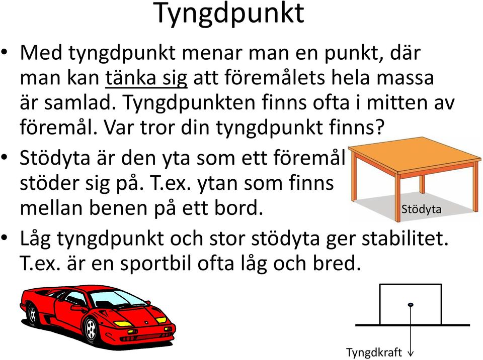 Stödyta är den yta som ett föremål stöder sig på. T.ex. ytan som finns mellan benen på ett bord.