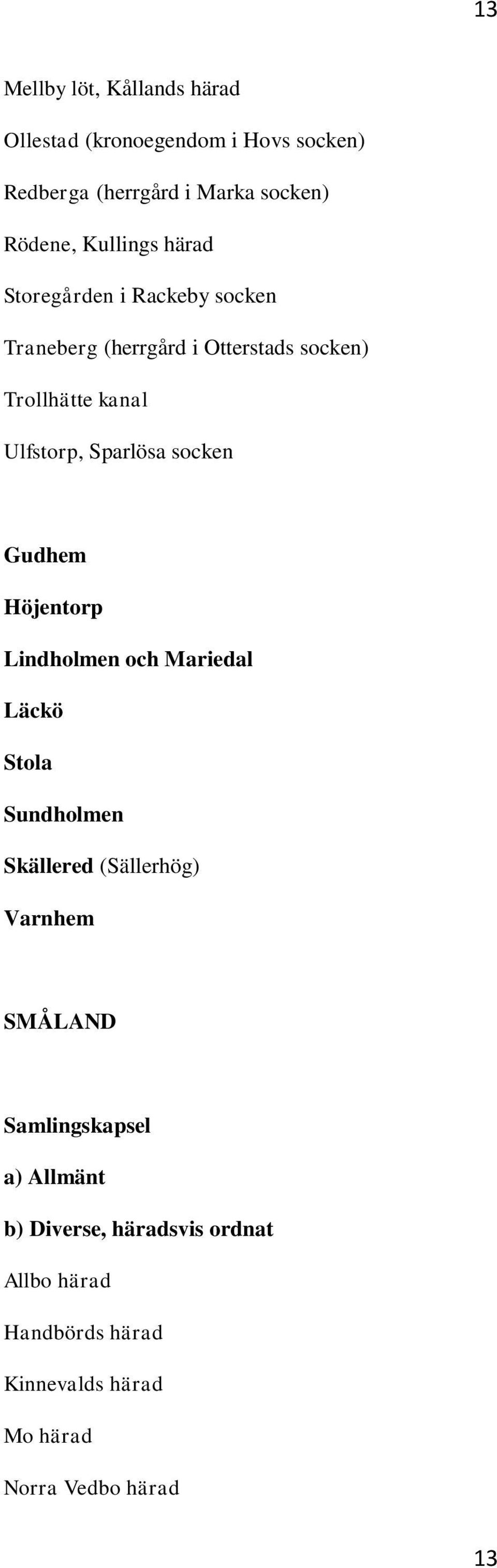 Sparlösa socken Gudhem Höjentorp Lindholmen och Mariedal Läckö Stola Sundholmen Skällered (Sällerhög) Varnhem SMÅLAND