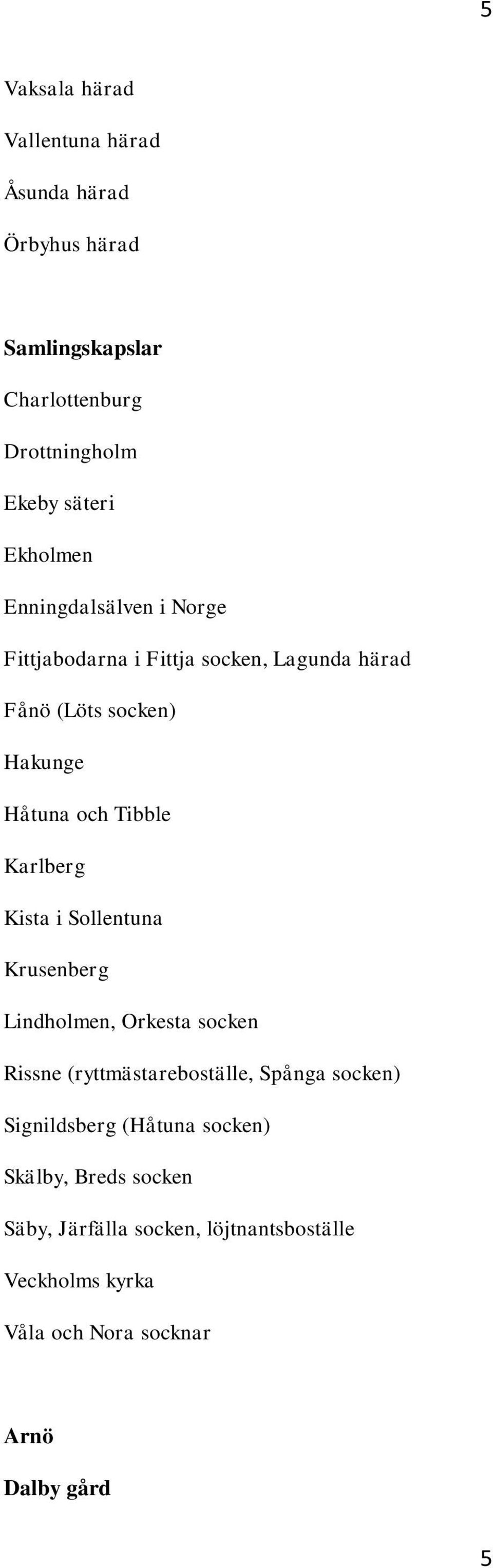 Karlberg Kista i Sollentuna Krusenberg Lindholmen, Orkesta socken Rissne (ryttmästareboställe, Spånga socken) Signildsberg