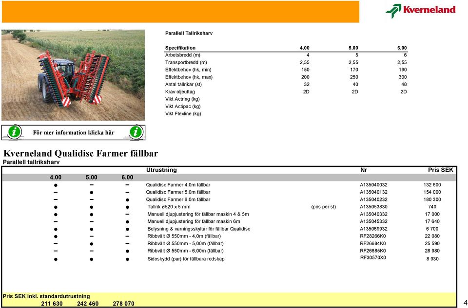 Vikt Actipac (kg) Vikt Flexline (kg) För mer information klicka här Kverneland Qualidisc Farmer fällbar Utrustning Nr Pris SEK 4.00 5.00 6.00 Qualidisc Farmer 4.