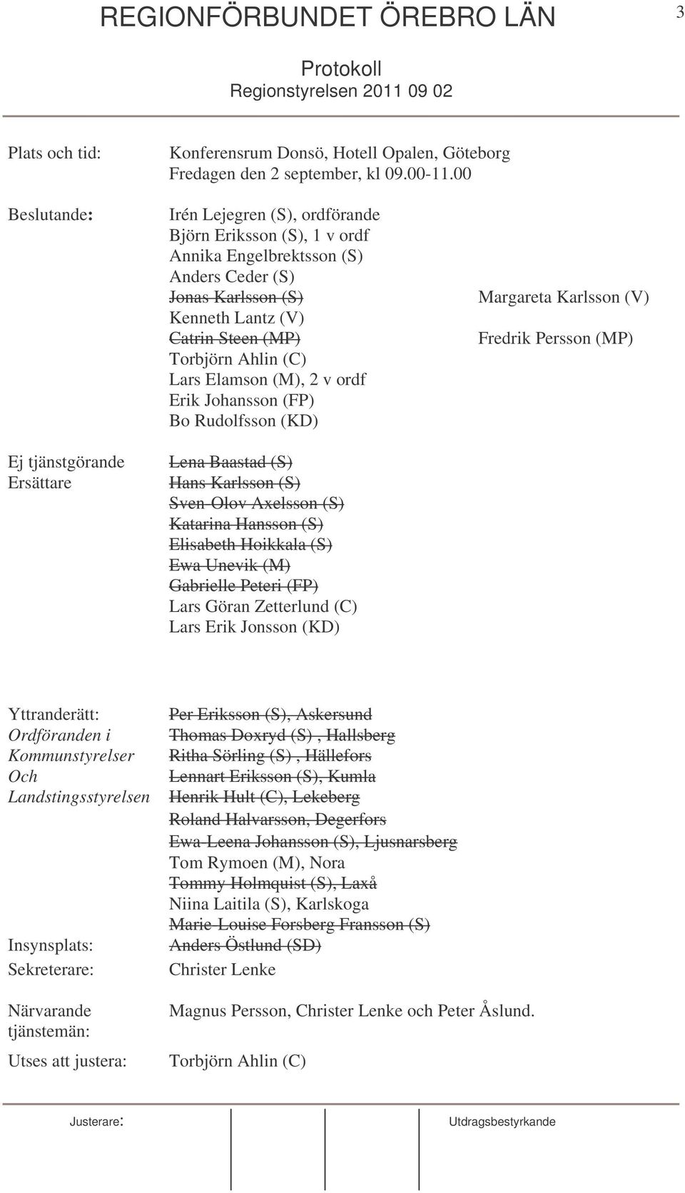 Torbjörn Ahlin (C) Lars Elamson (M), 2 v ordf Erik Johansson (FP) Bo Rudolfsson (KD) Lena Baastad (S) Hans Karlsson (S) Sven-Olov Axelsson (S) Katarina Hansson (S) Elisabeth Hoikkala (S) Ewa Unevik