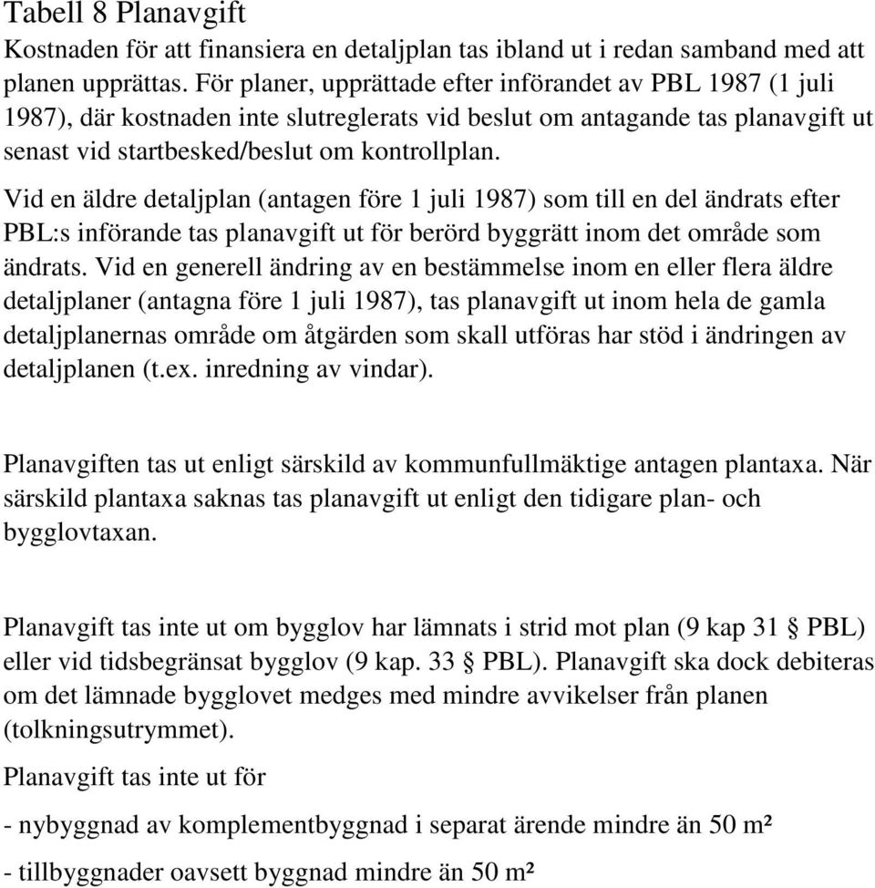 Vid en äldre detaljplan (antagen före 1 juli 1987) som till en del ändrats efter PBL:s införande tas planavgift ut för berörd byggrätt inom det område som ändrats.