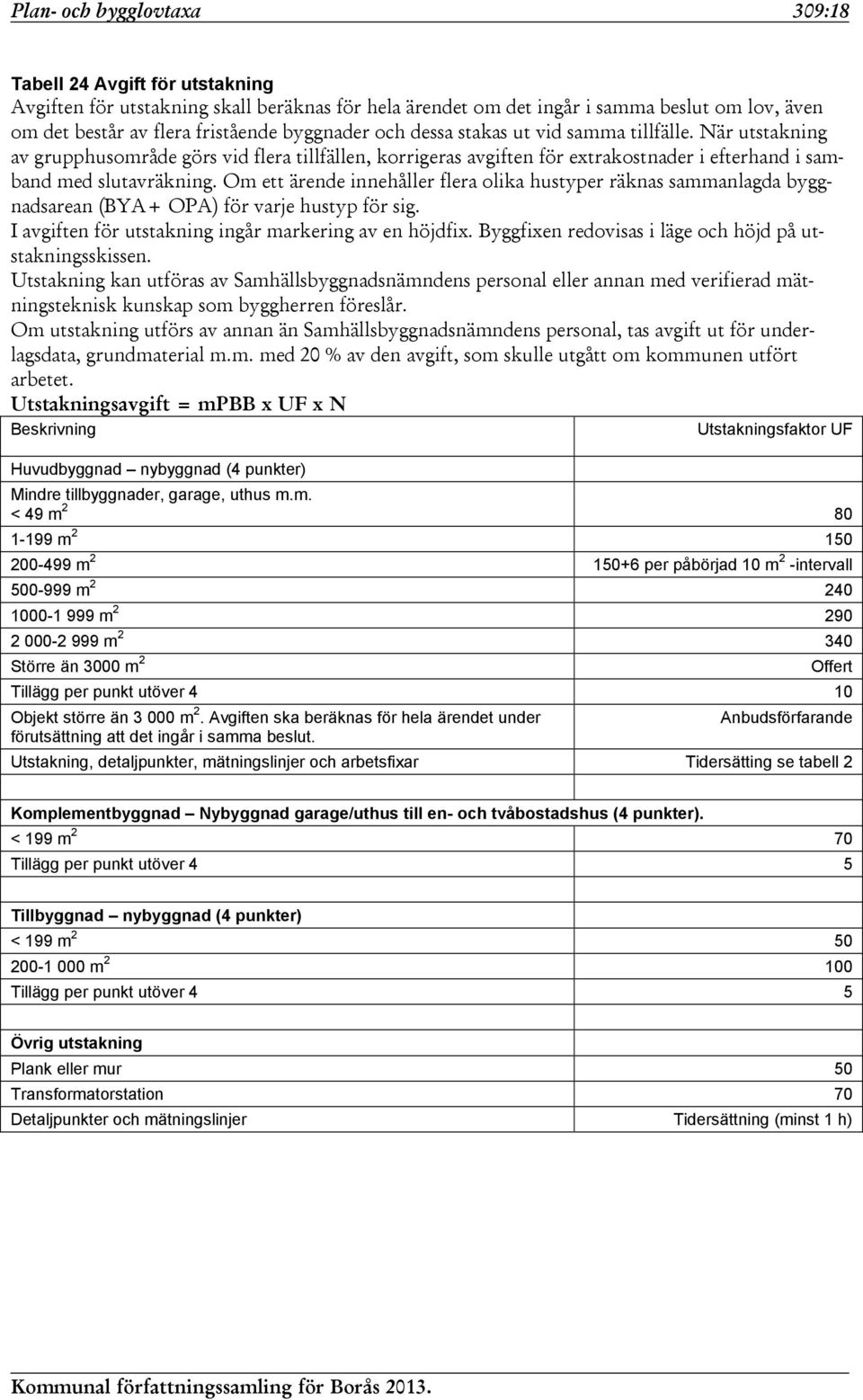Om ett ärende innehåller flera olika hustyper räknas sammanlagda byggnadsarean (BYA+ OPA) för varje hustyp för sig. I avgiften för utstakning ingår markering av en höjdfix.