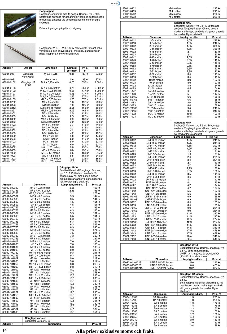 Artikel Dimension Lämplig Pris / Pris / 5 st borrdiam st 63001-006 Gängtapp M 0,6 x 0,15 0,45 83 kr 372 kr verktygstål 63001-008 - M 0,8 x 0,2 0,6 83 kr 372 kr 63001-0102 Gängtapp M M 1 x 0,25 mellan